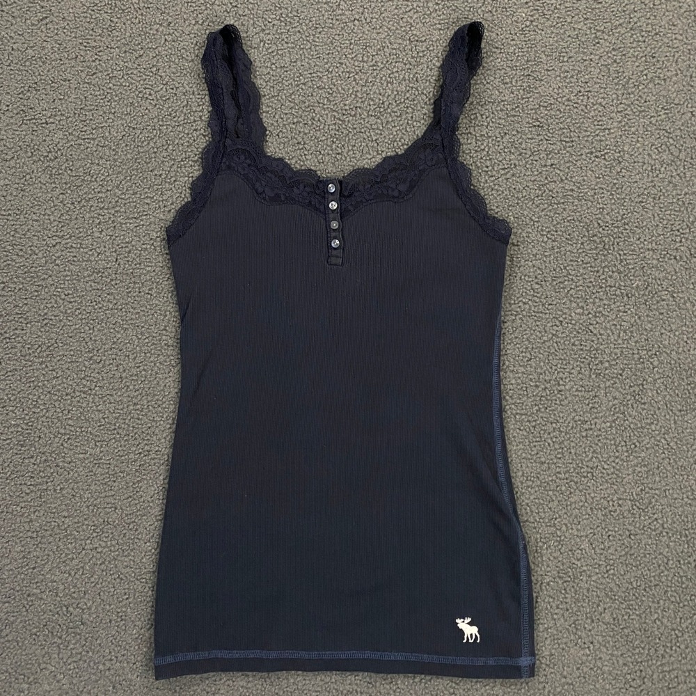 Abercrombie & Fitch Cami Women Small Navy Blue Lace Trim Henley Ribbed Y2K Top